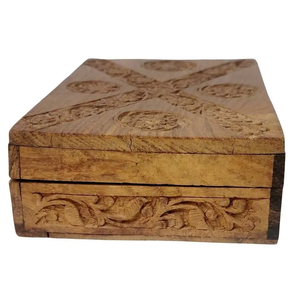 Hand Carved Wooden Box Flowers Trinket Jewelry‎ Blue Velvet Fabric Lined 8